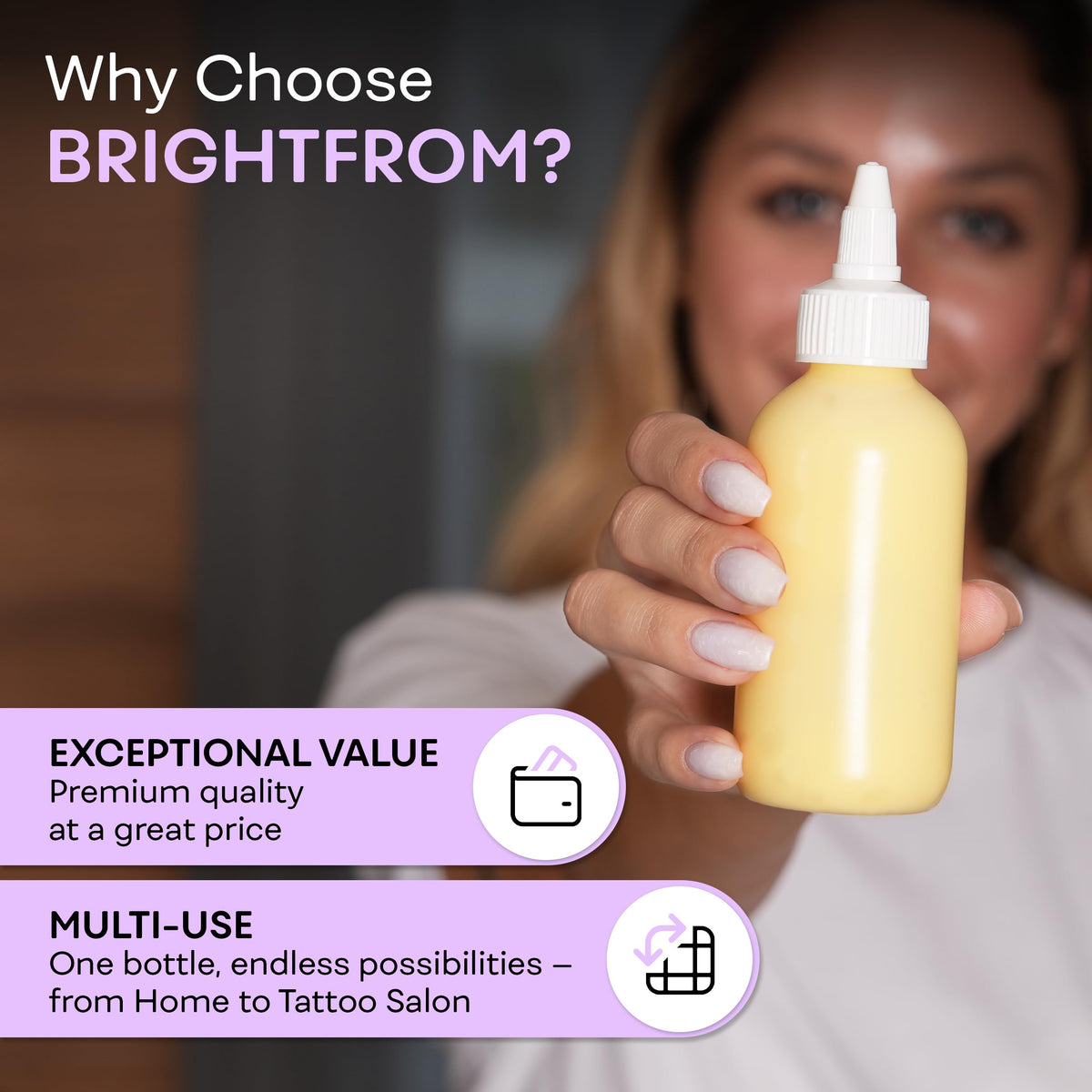Side angle view of BRIGHTFROM four ounce clear dispenser bottles showing compact travel size dimensions