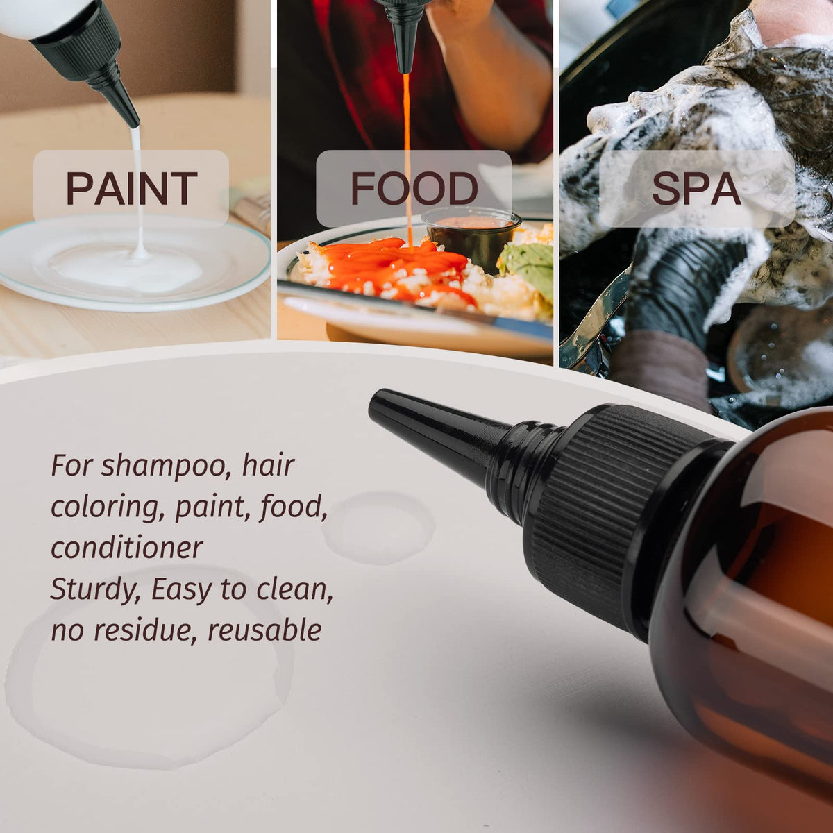 Close up of the precise pointed tip nozzle on the empty plastic squeeze bottle showing the open and close mechanism.
