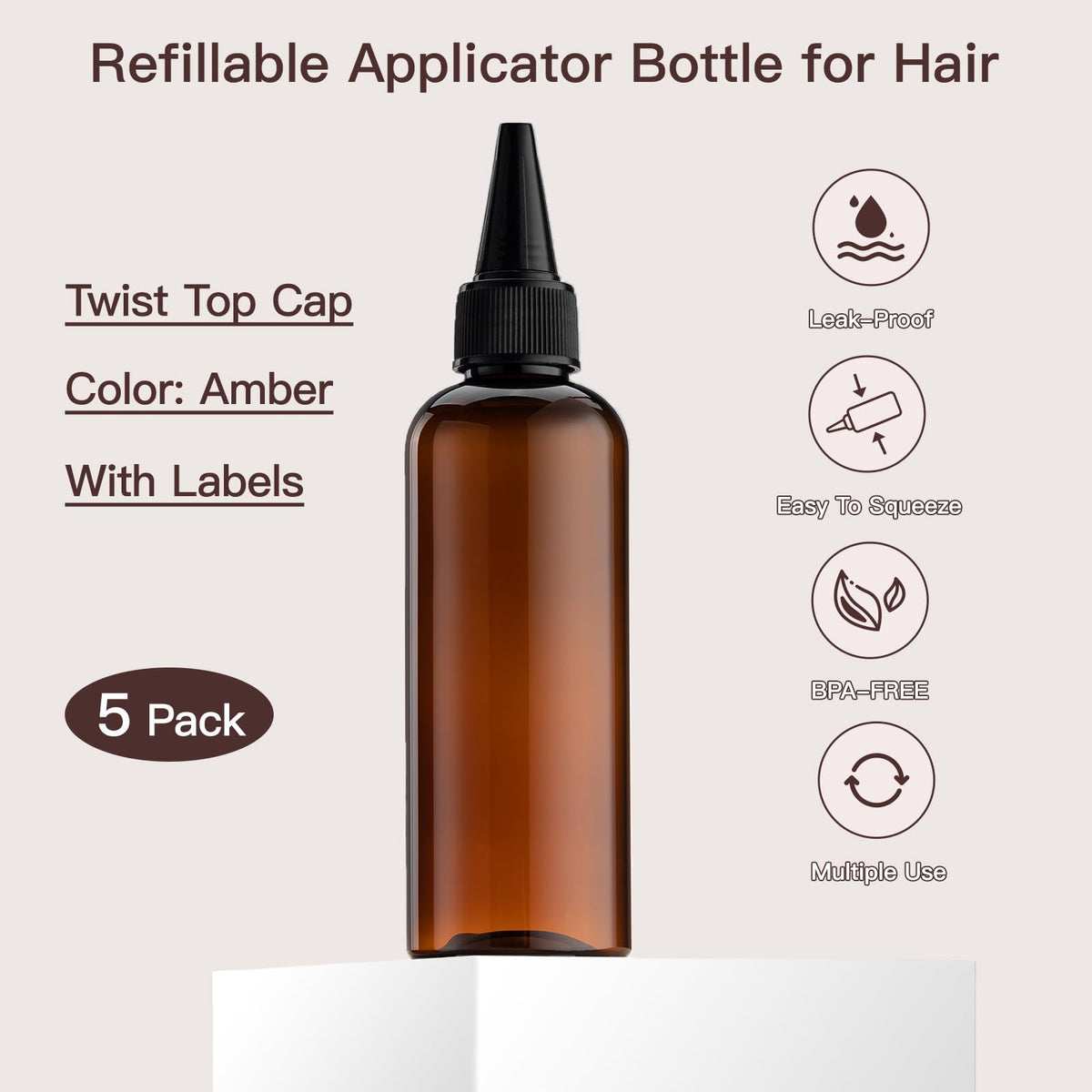 Wide mouth opening of the amber plastic refillable bottle demonstrating easy pouring and anti waste design.