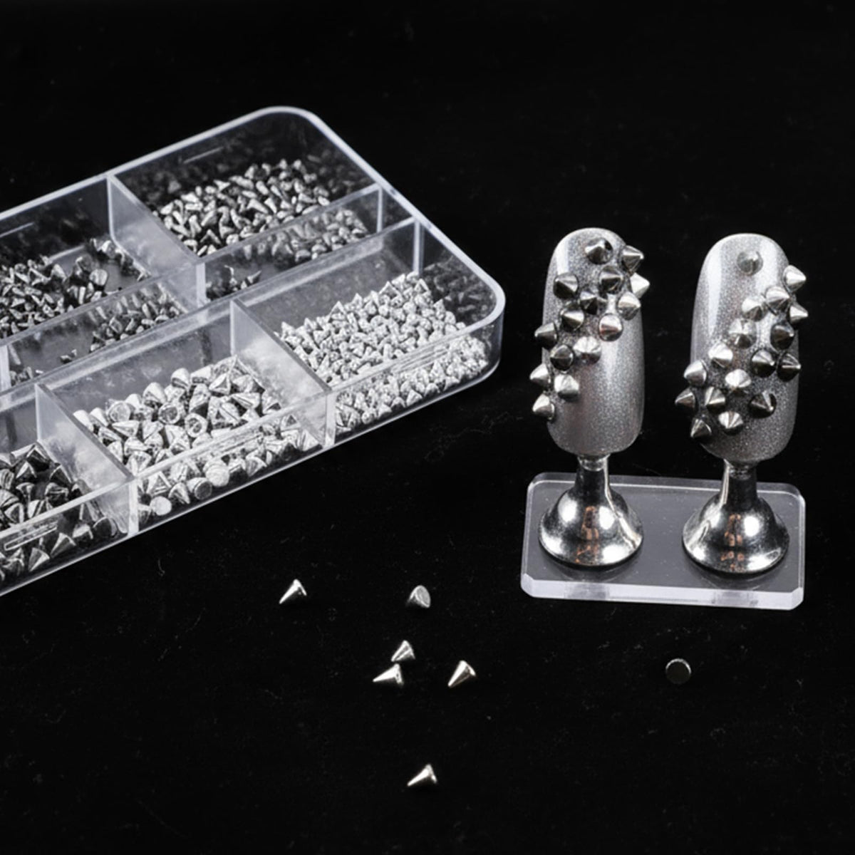 Close up of 3D punk style metal spikes for nail art