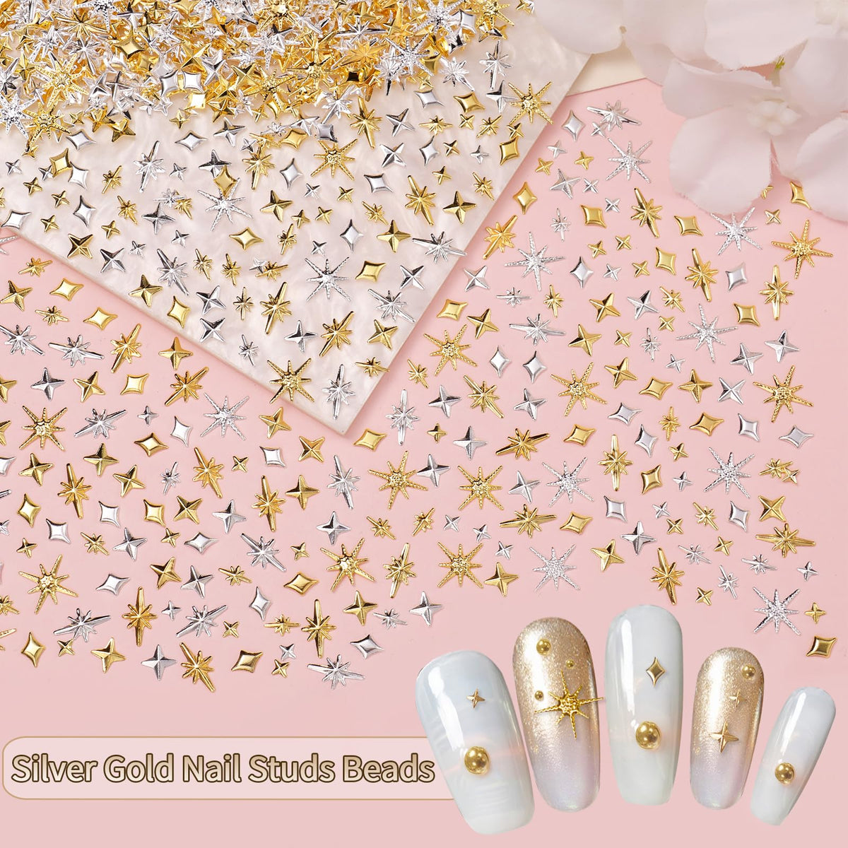 Detailed view of Cesusme star and cross metal nail art studs