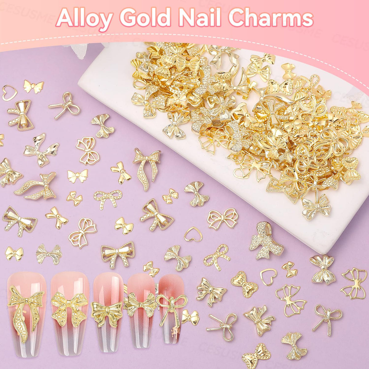 Assorted gold alloy nail art studs and bows in storage container