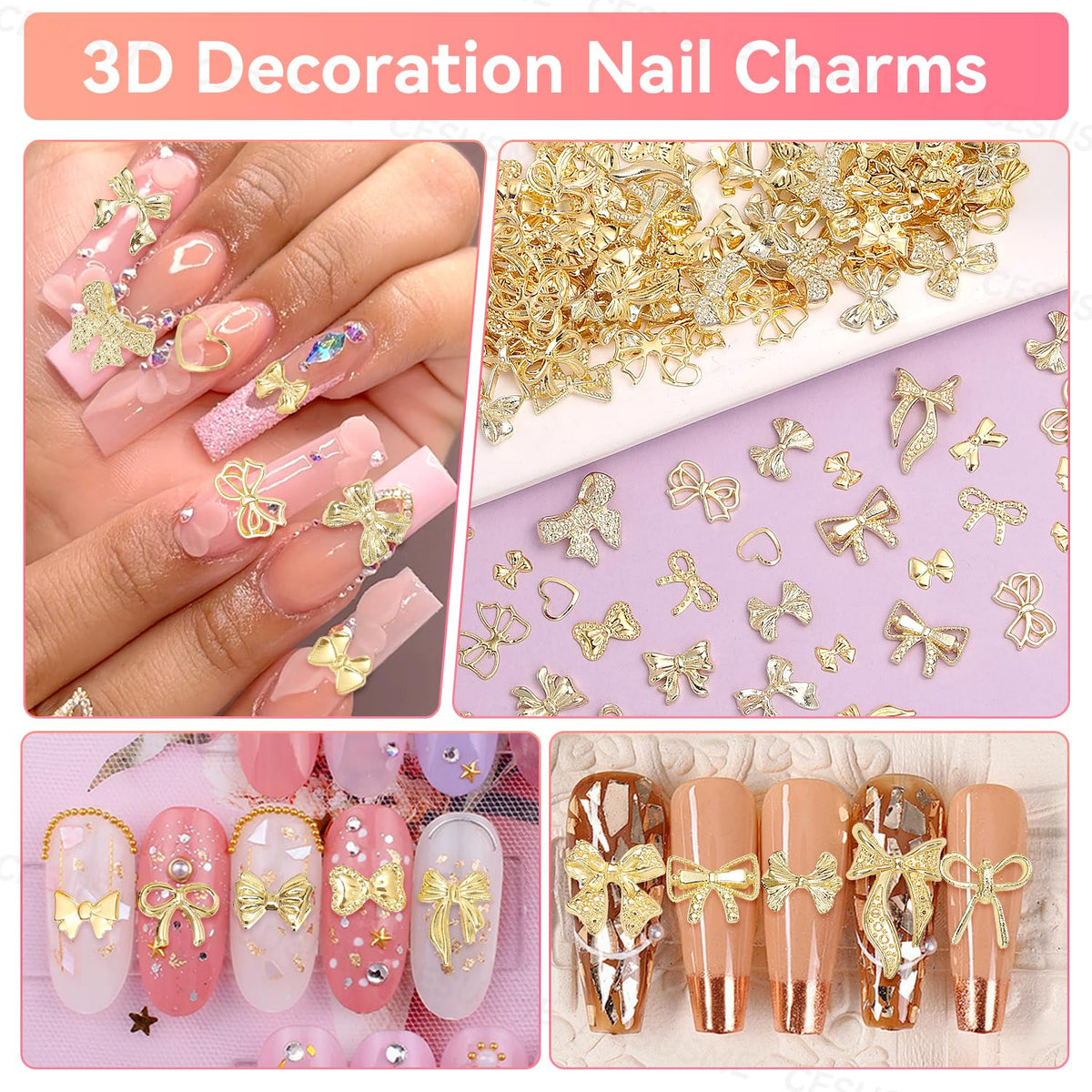 Top down view of 10 different styles of gold bow nail decorations