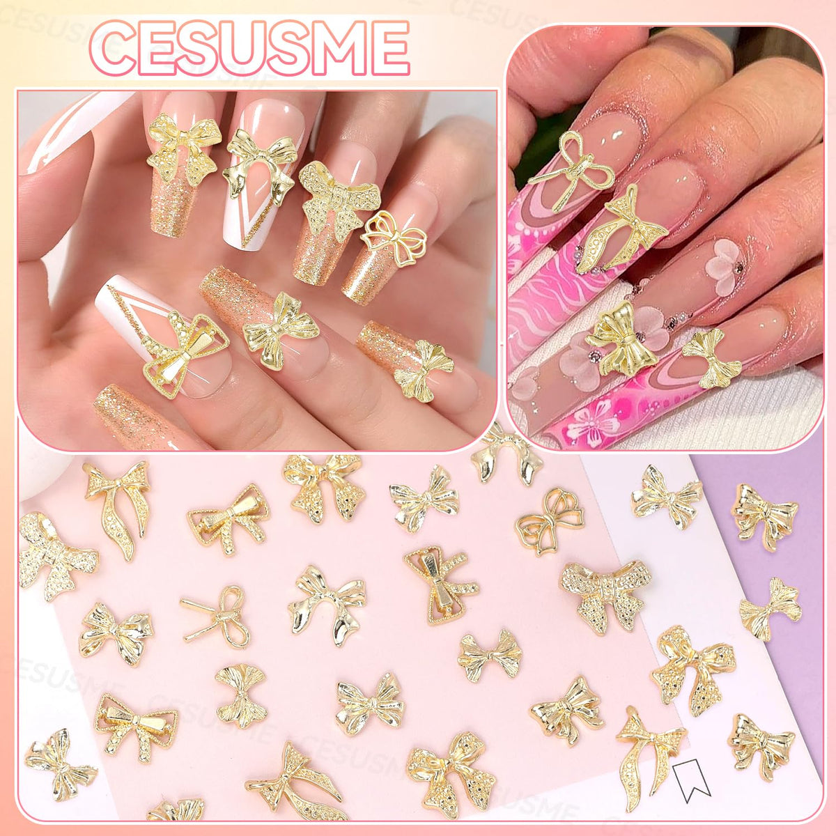 DIY nail art accessories featuring gold alloy bows on display