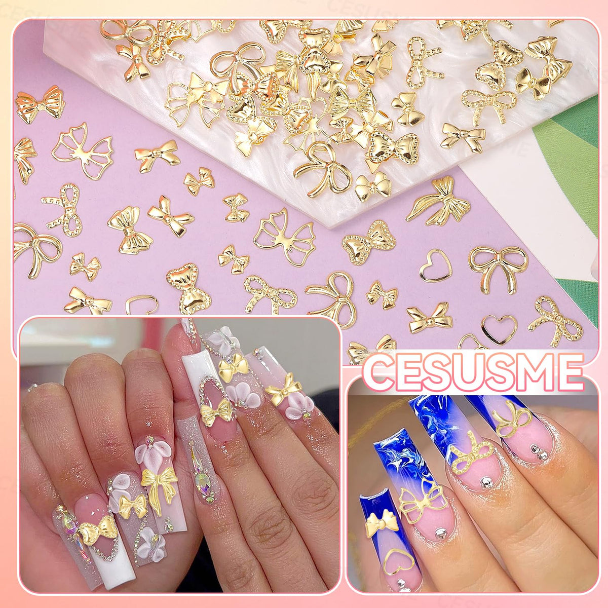 Cesusme gold nail charms organized in clear plastic partitioned box