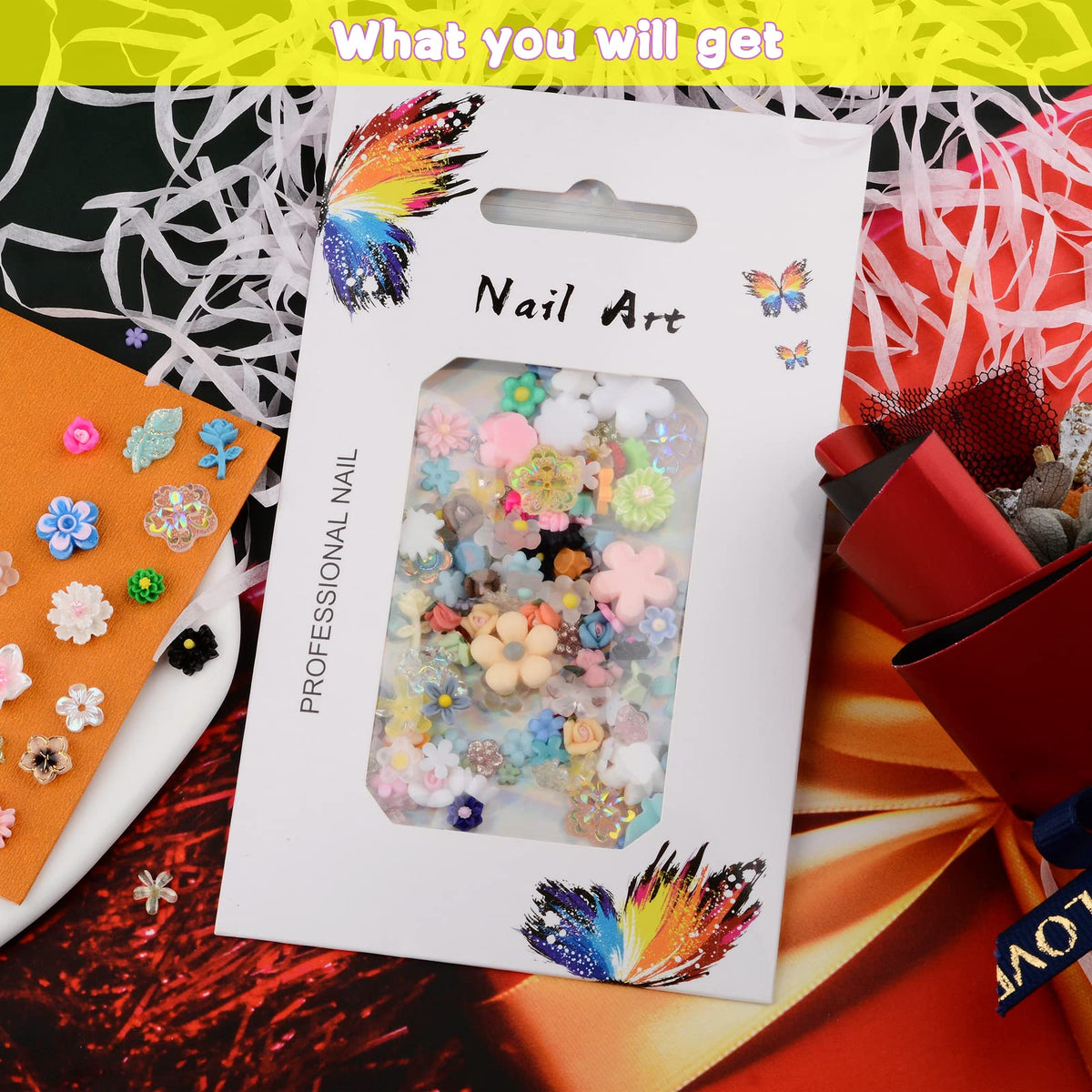 Complete packaging overview of the one hundred piece mixed design manicure salon supplies set.