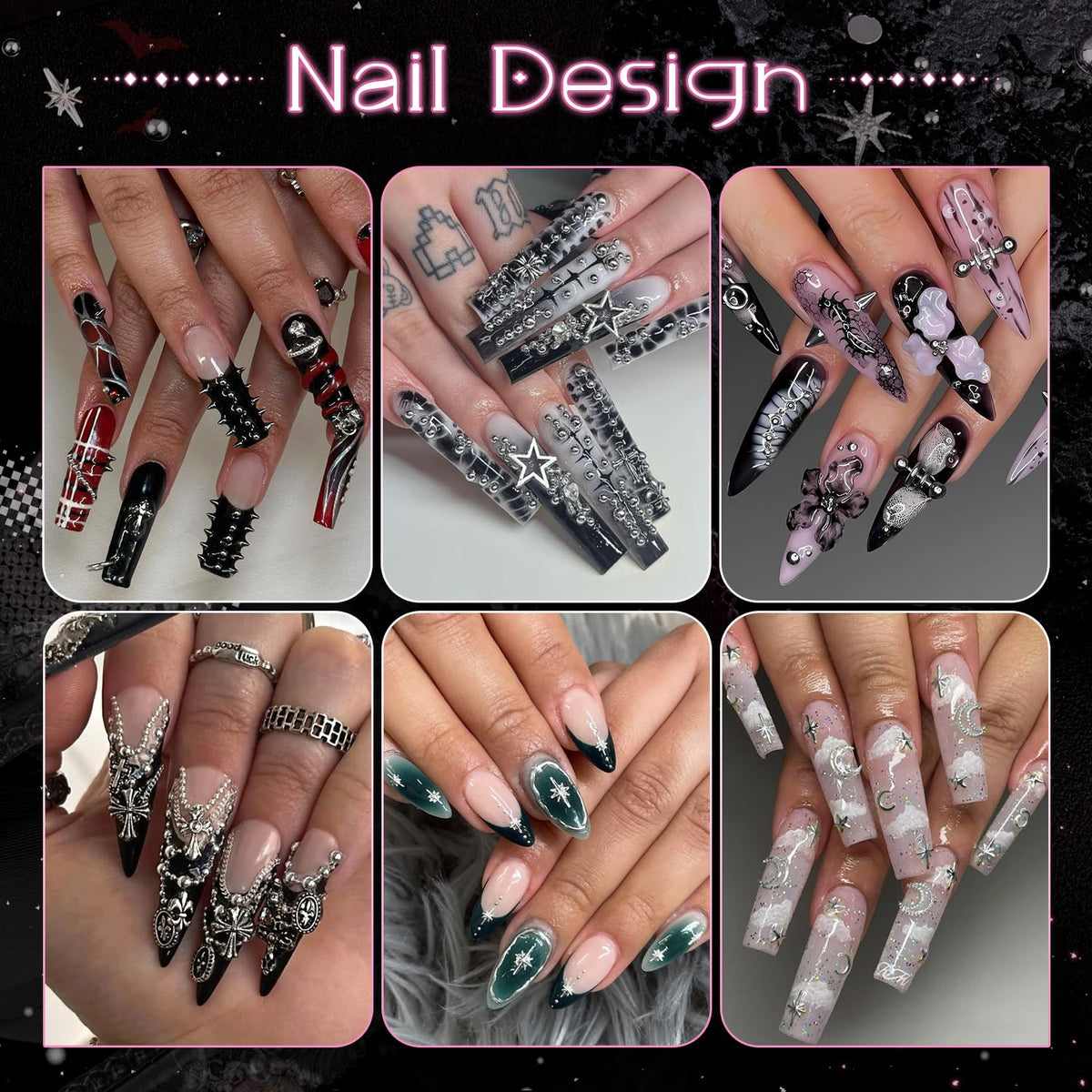Hands showing DIY punk nail art with Belleboost studs