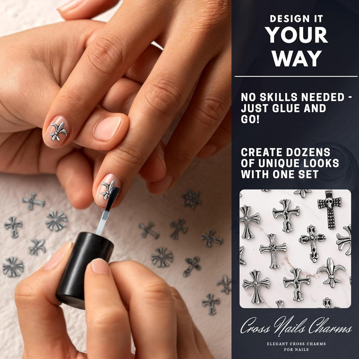 Side profile demonstrating the seamless flush alignment of the curved charm against an acrylic nail surface.