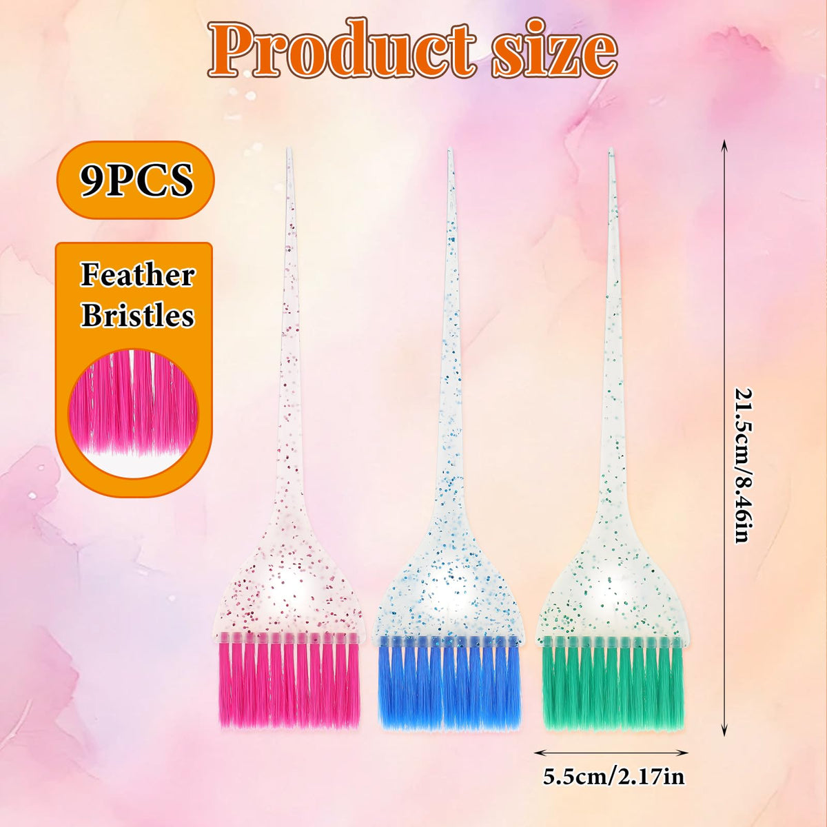 Stylance hair dye brush set showing pink, green, and blue glitter handles.