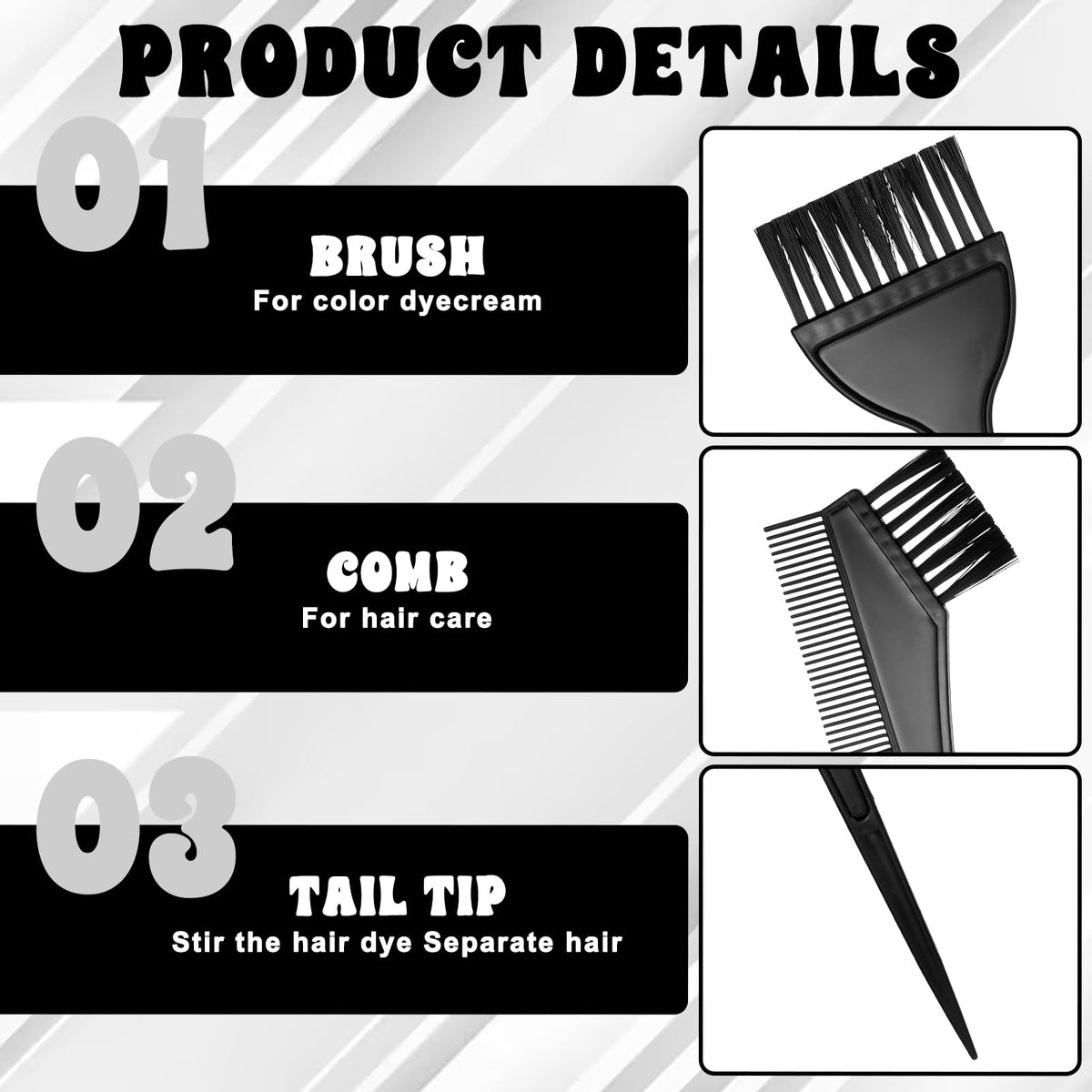 Close up of Bohuiz hair tinting brushes and dual purpose combs