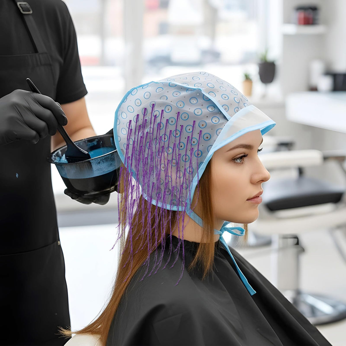 Top view of JFFX blue hair highlight cap for home use