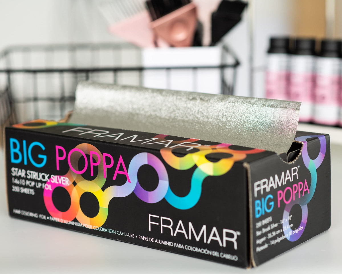 Top view of Framar Big Poppa foil box in a salon setting