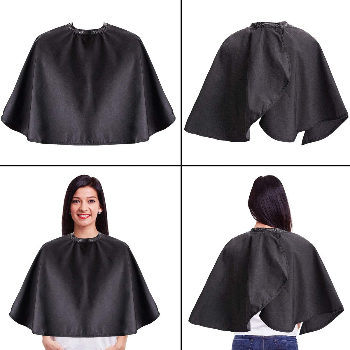 Side profile view of Noverlife lightweight makeover cape on client