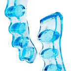 Blue silicone Naboso toe separators on a pair of feet
