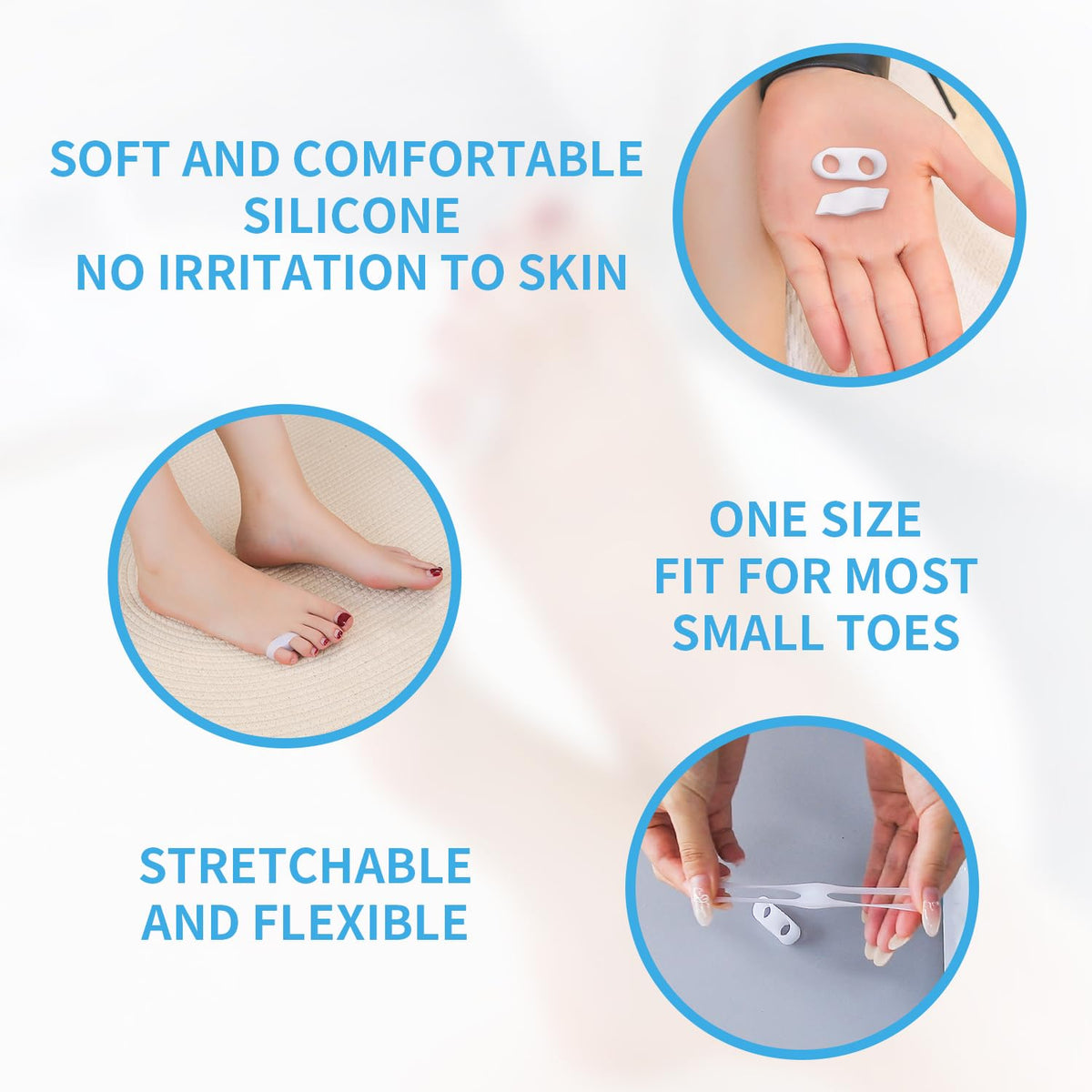 Silicone gel pinky toe spacer on foot for bunion relief