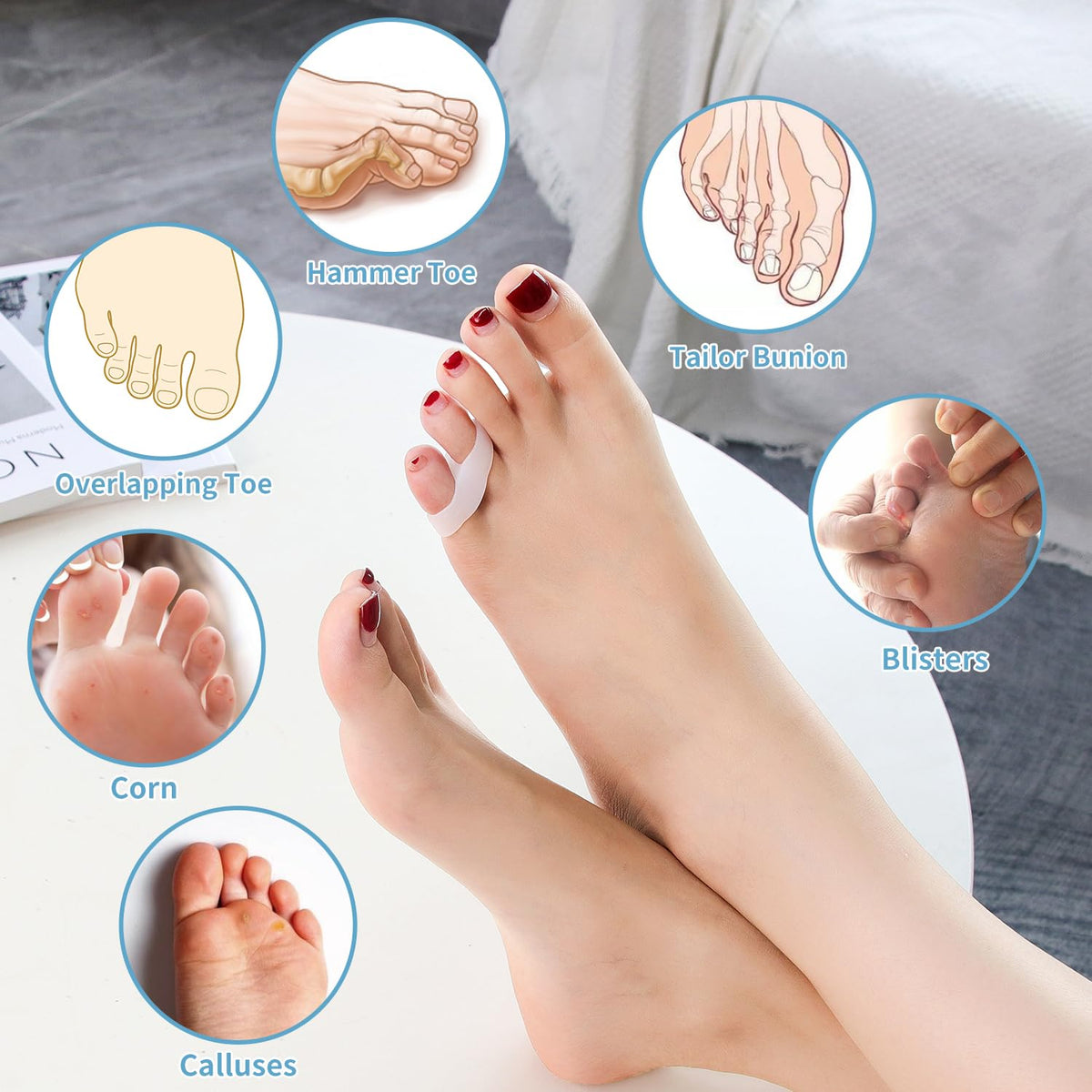 Toe separator placed between pinky and fourth toe