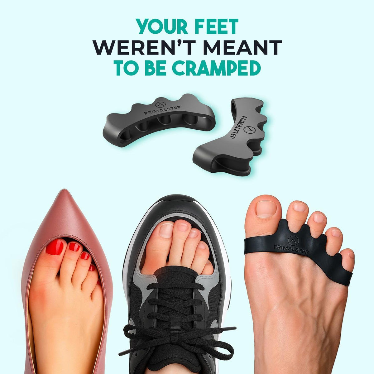 Packaging display of PrimalStep toe separators for men and women