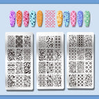 Side angle view of the twelve by six centimeter rectangular floral nail art stencils for home manicures.