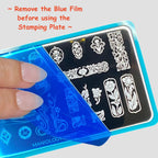 Reusable metal nail stamping plate used for creating clean polka dot home manicures.