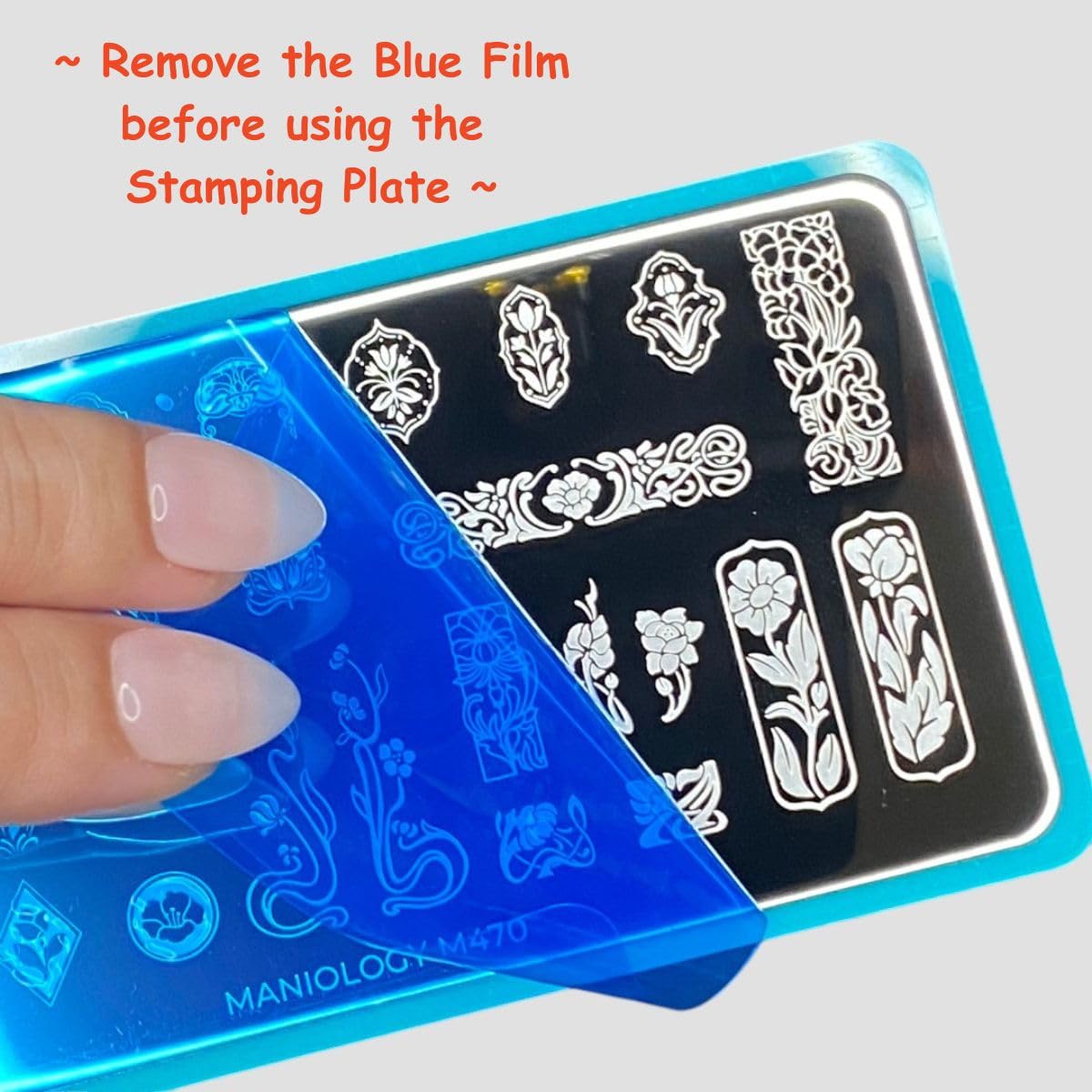 Reusable metal nail stamping plate used for creating clean polka dot home manicures.