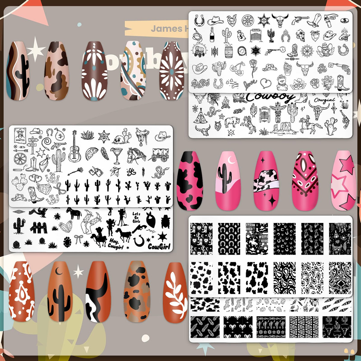 Six pieces of Whaline western theme nail stencils displaying cactus and boot designs