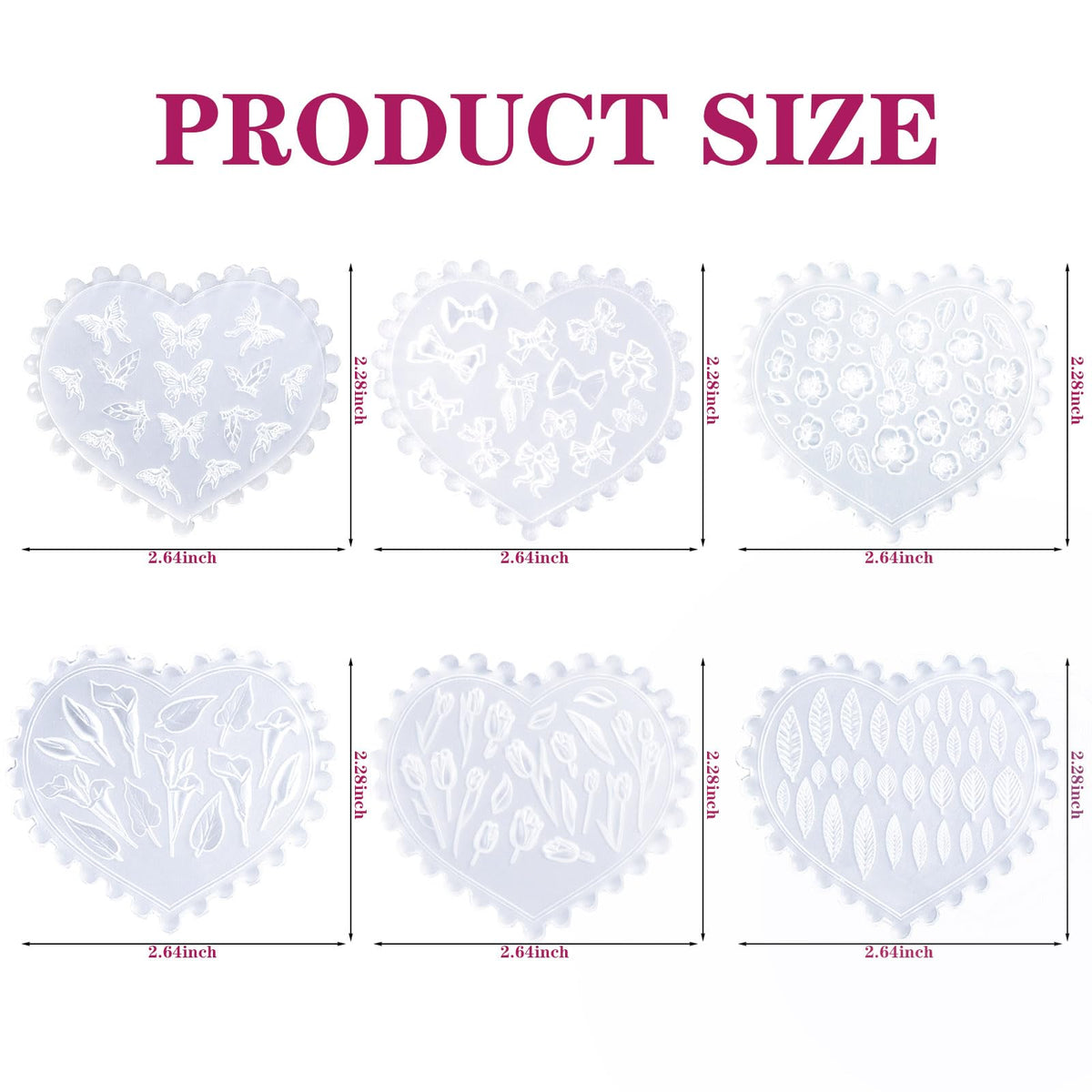 Six pieces of flexible silicone nail charms molds featuring butterfly and bow designs.