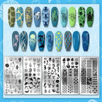 Summer manicure sea animal patterns on rectangular metal stencils for professional nail stamping.