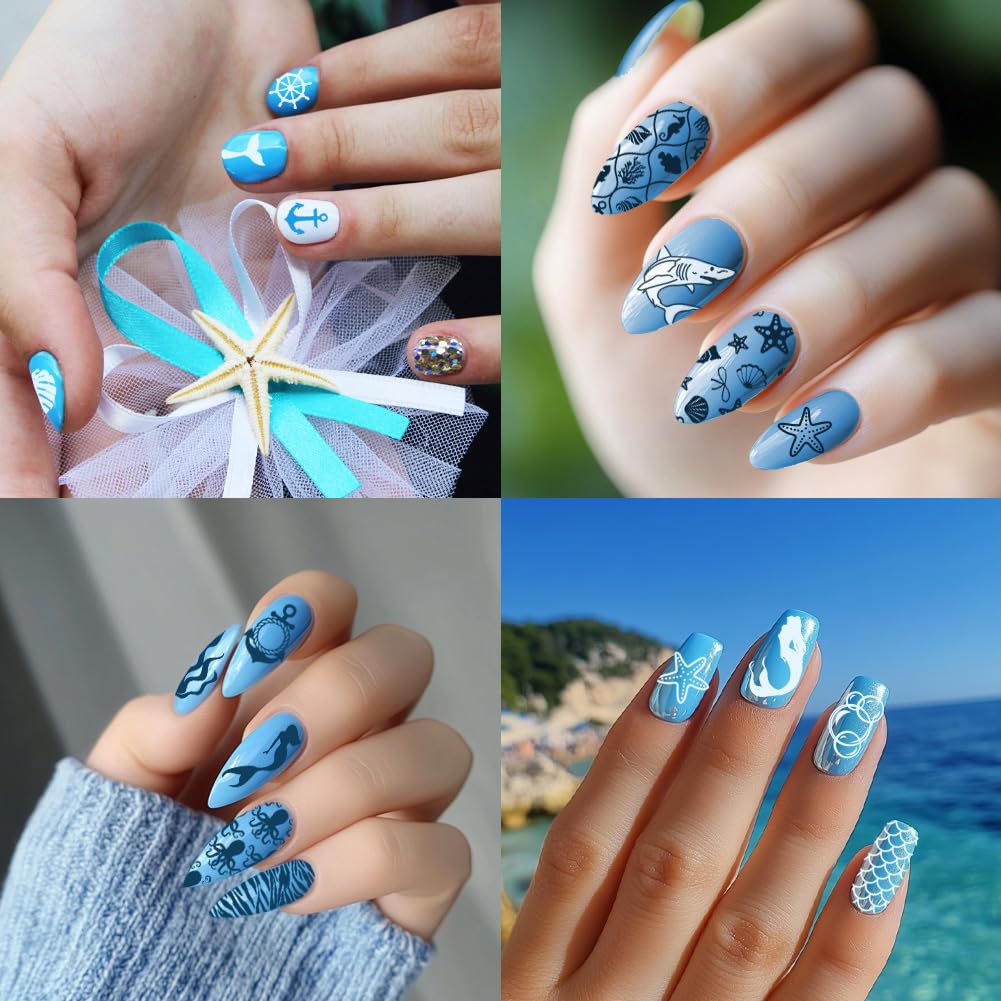 Five pack collection of nautical marine theme nail art transfer stencils for creative reverse stamping.