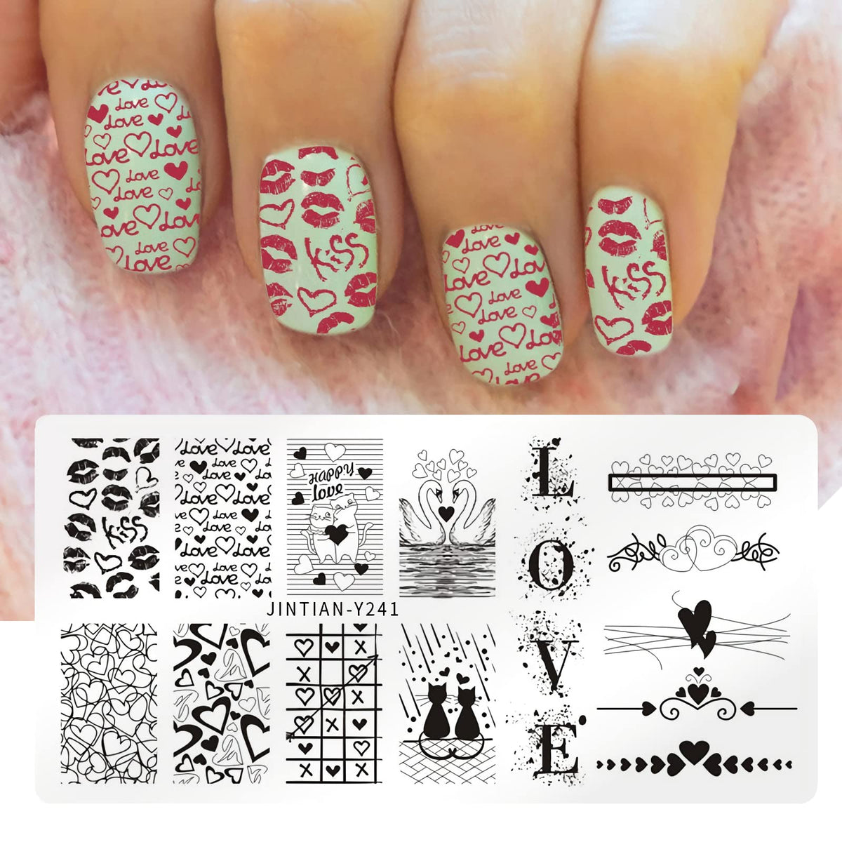 Close up of heart and love themed nail stamping templates