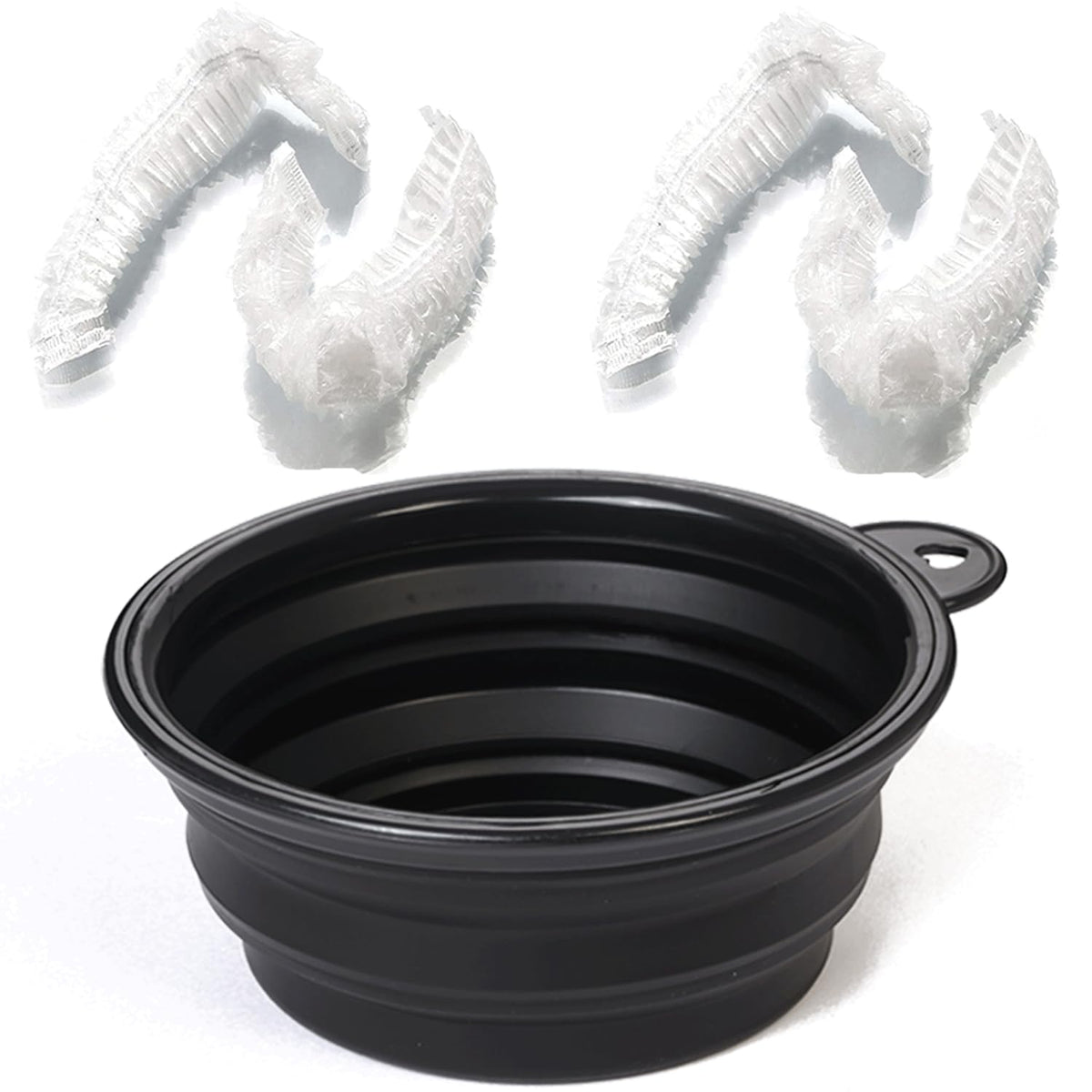 Protective black plastic ear caps included in the salon bleaching kit for mess-free dyeing.
