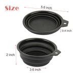 Collapsible silicone mixing bowl in black showcasing the folding design and convenient side handle