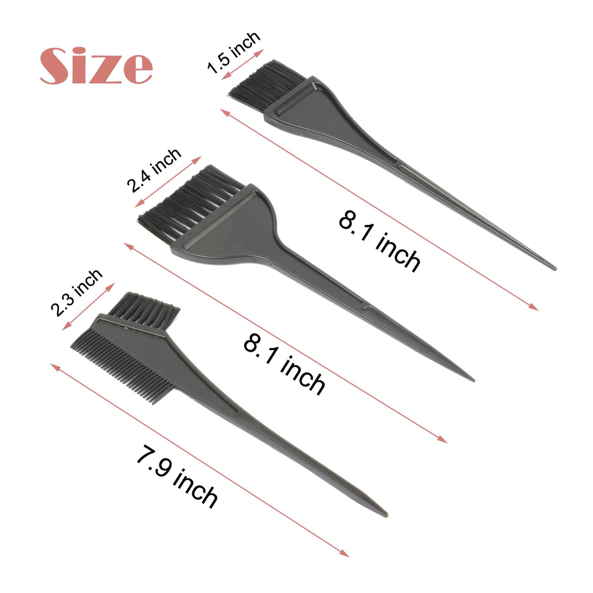 Three different types of black plastic hair coloring brushes and tint combs for precise application
