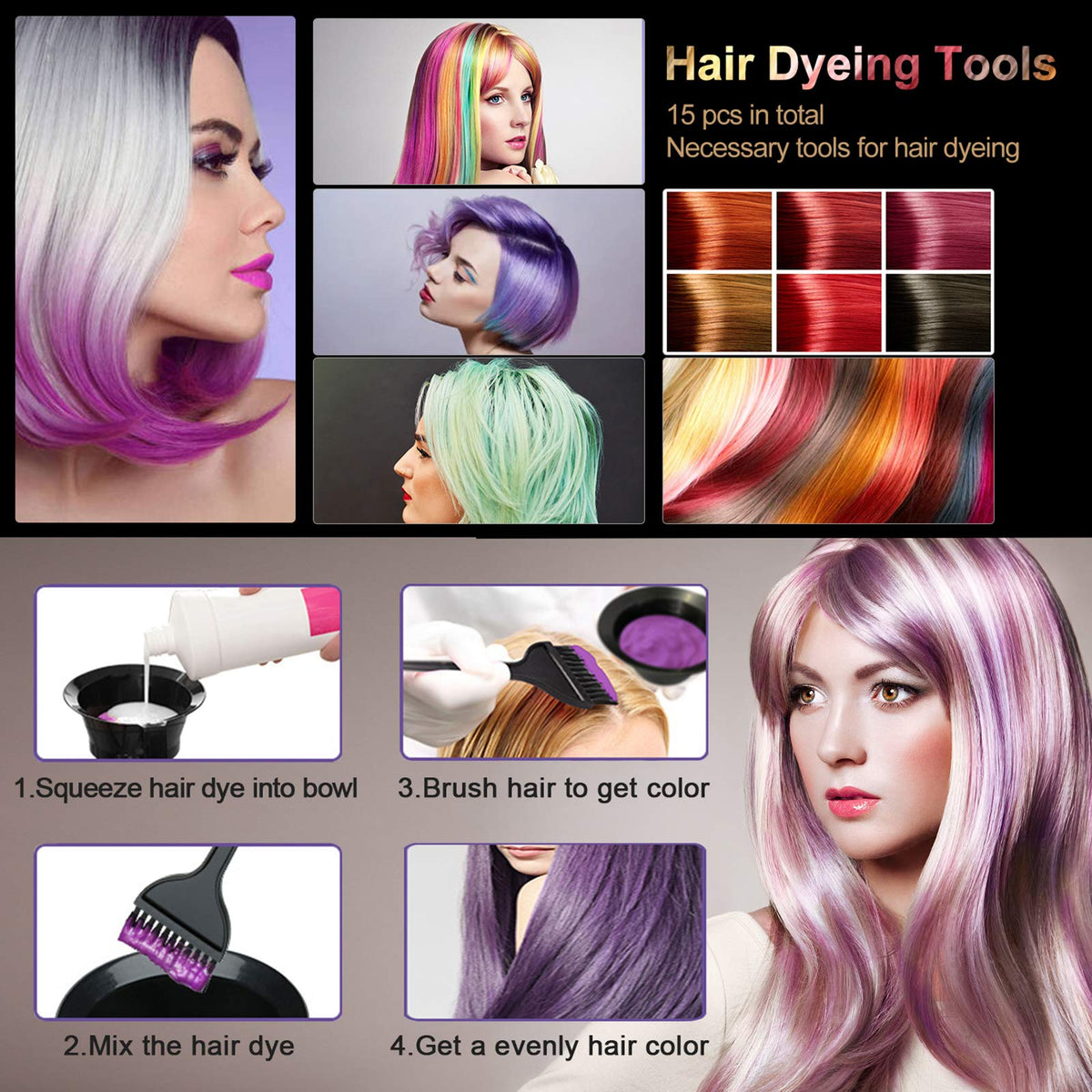 Protective ear covers and reusable black gloves included in the fifteen piece DIY salon kit