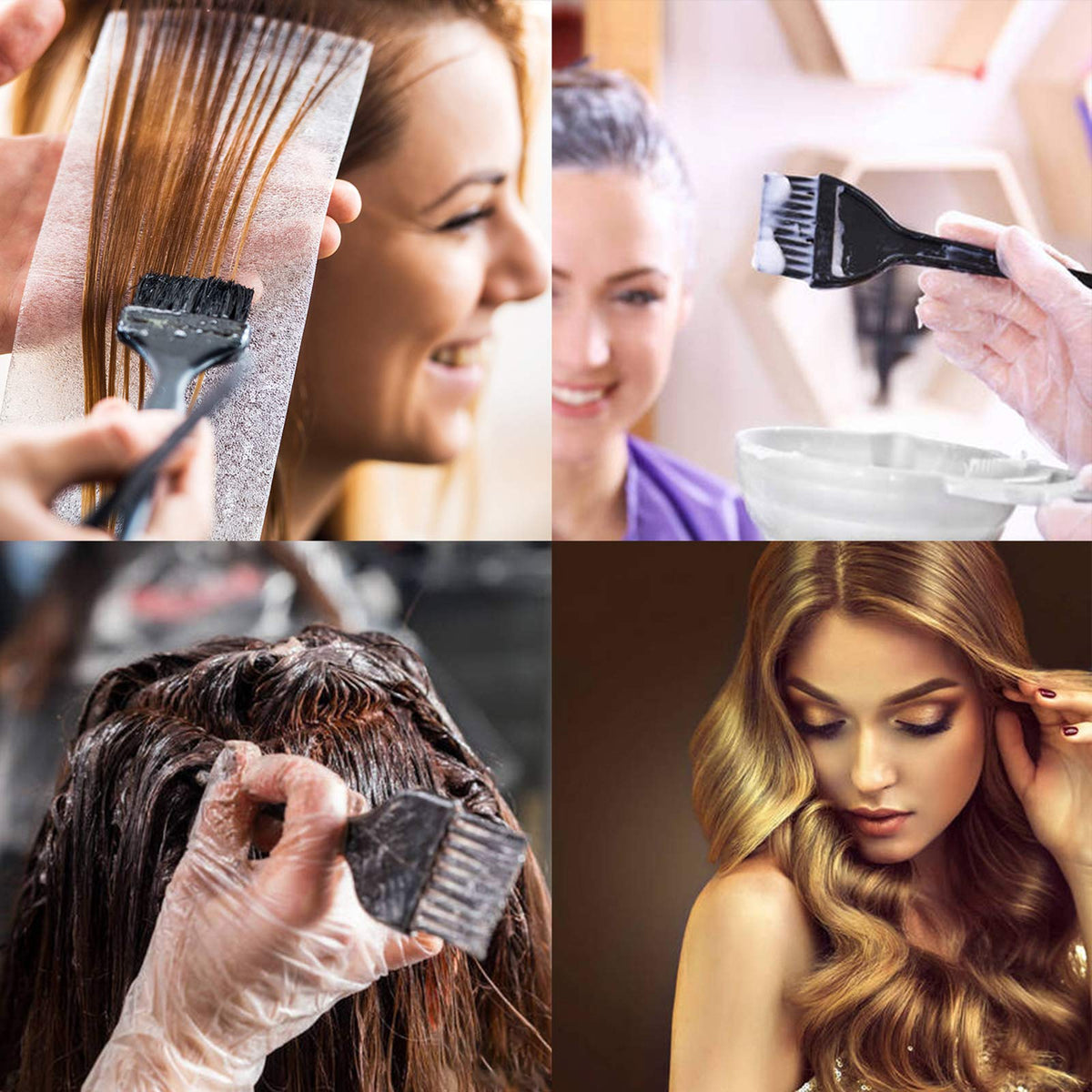 Different sized applicator brushes and double sided tint combs for precise hair highlighting