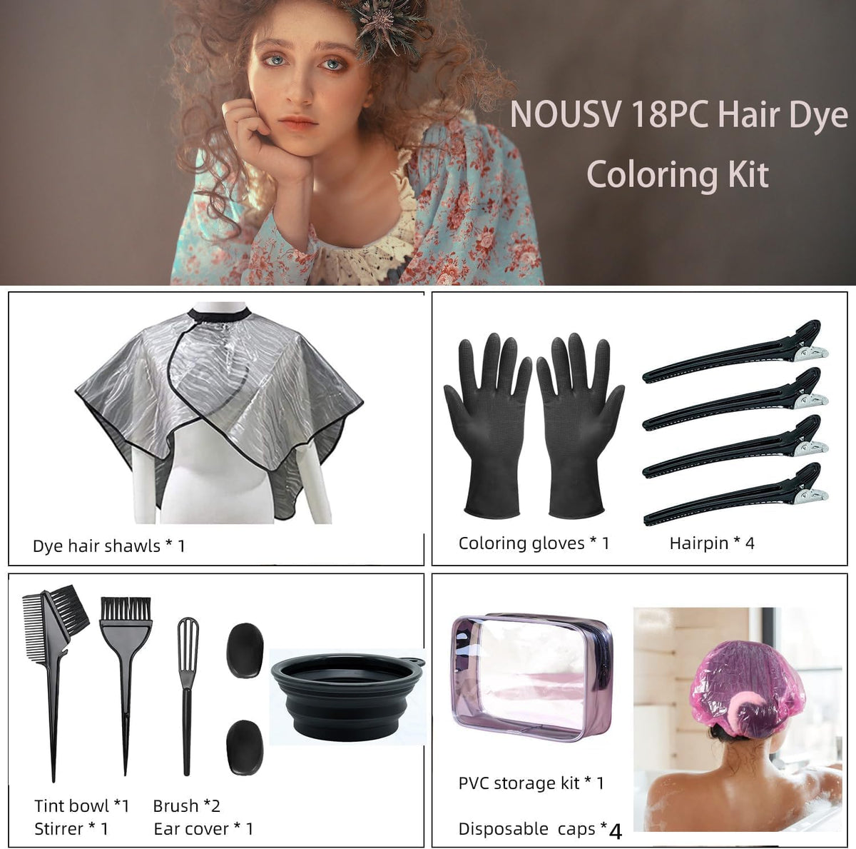 NOUSV collapsible black tinting bowl with handle and hair agitator mixing tool
