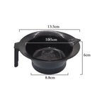 Black salon coloring bowl with built in handle and pouring lip side profile