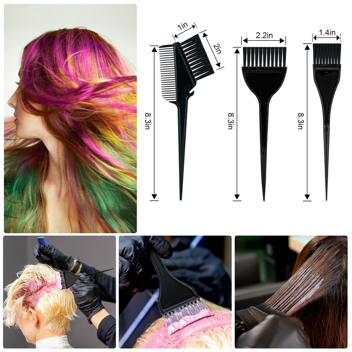 Close up view of the premium soft bristle dye brushes and four durable black sectioning clips.