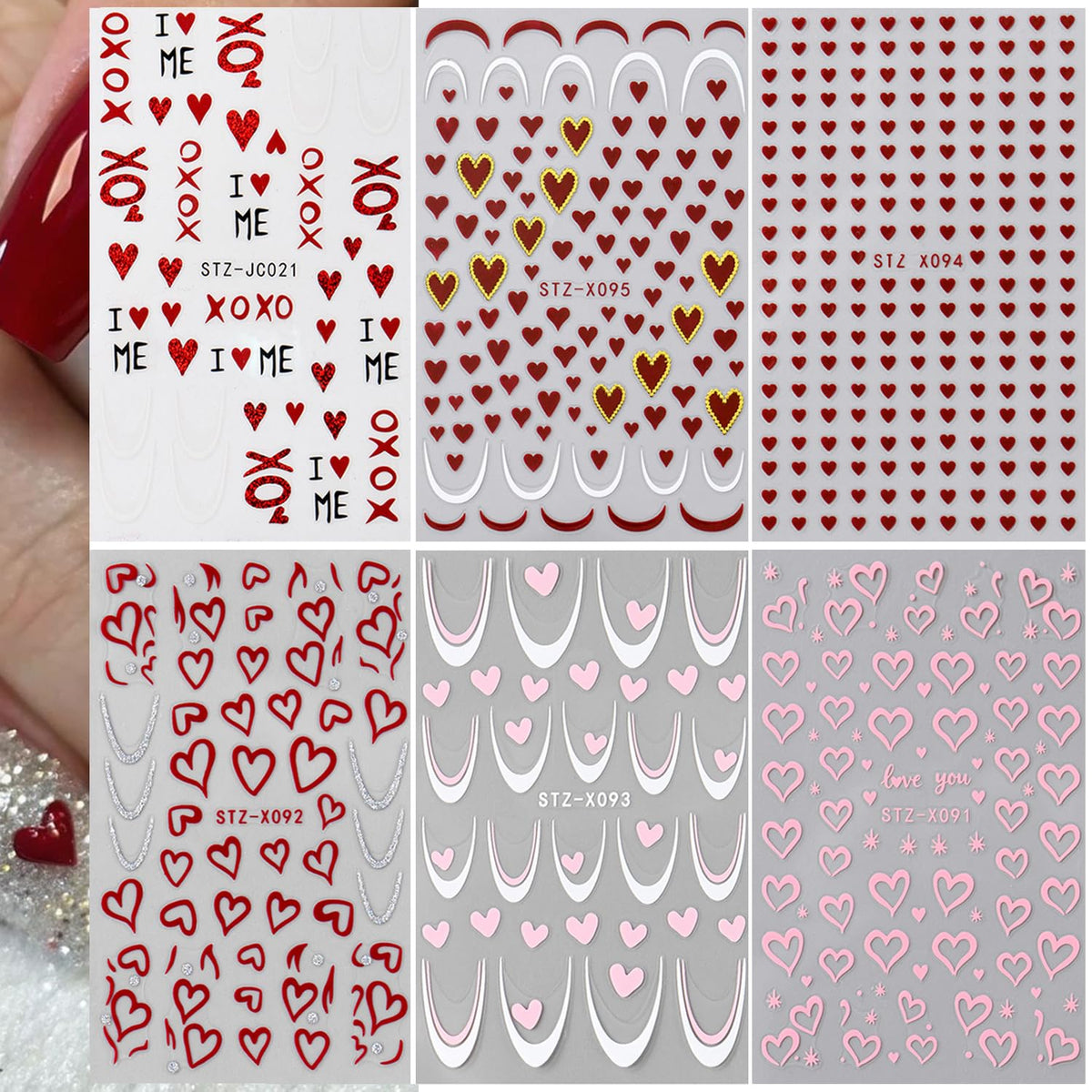 Assorted red and pink Valentine nail stickers for nail decor