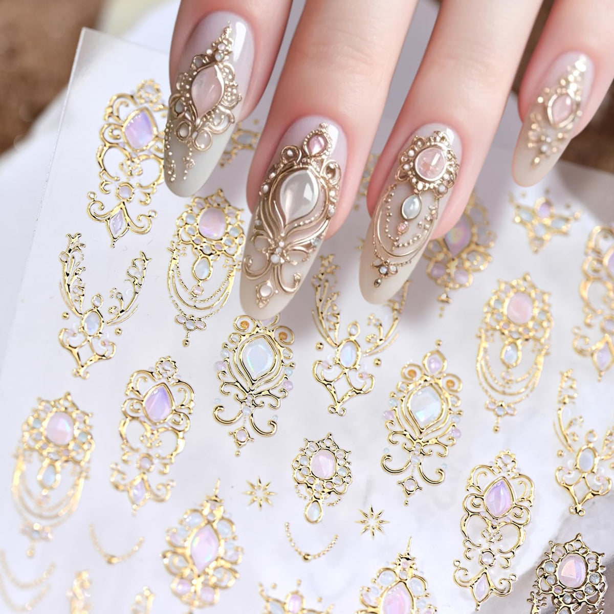 Hpyfoi 5D embossed nail stickers on model hand for size reference