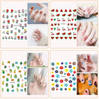 Girl applying 3D floral nail stickers on fingernails