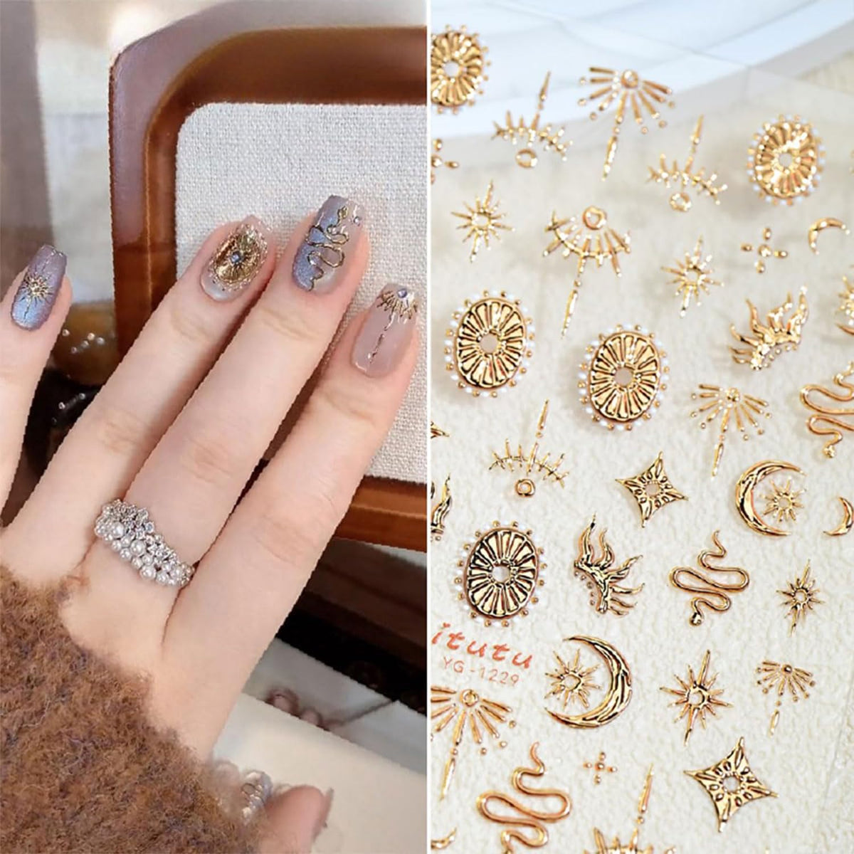 Celestial themed nail art design using gold decals