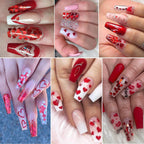 Different sizes of red holographic heart nail flakes
