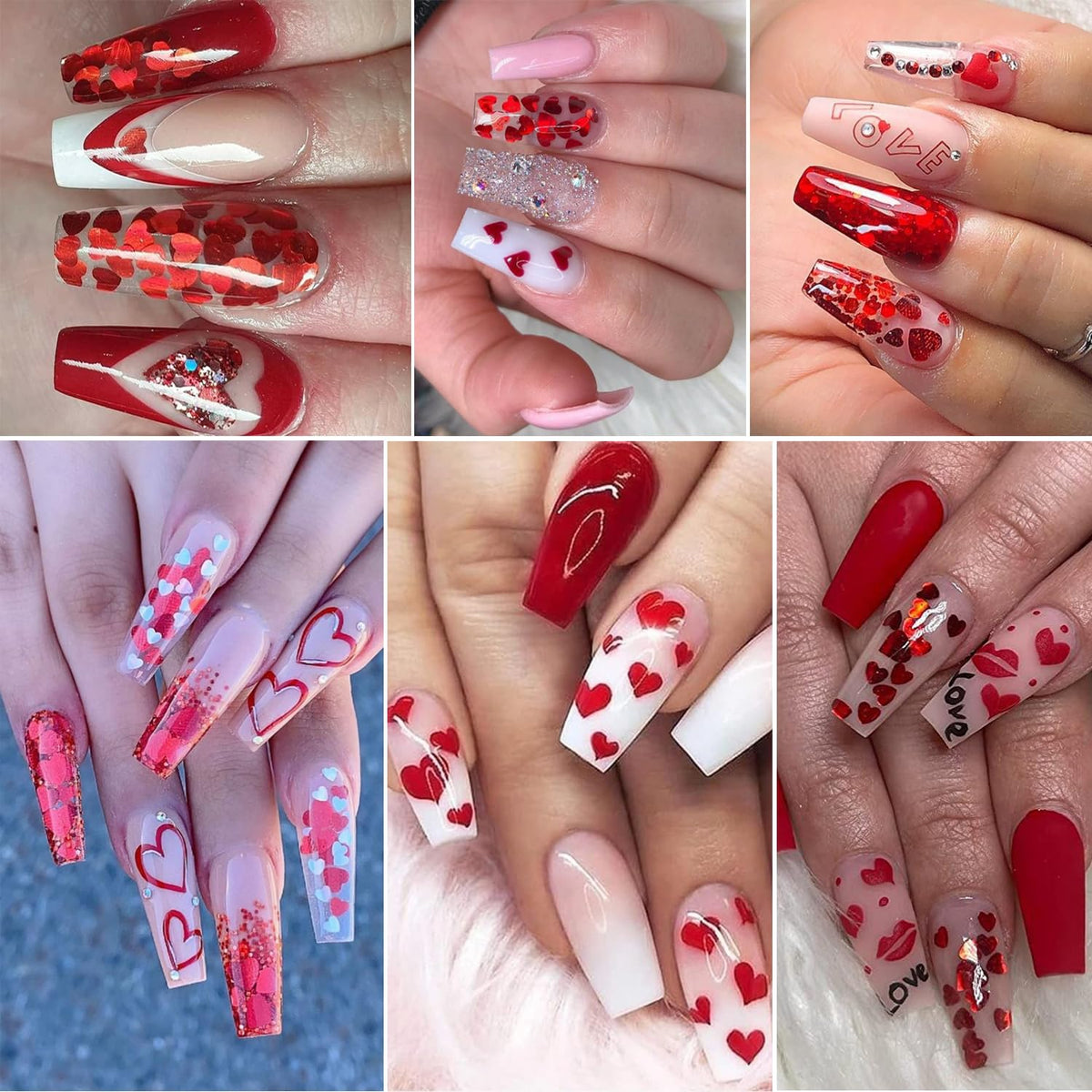 Different sizes of red holographic heart nail flakes