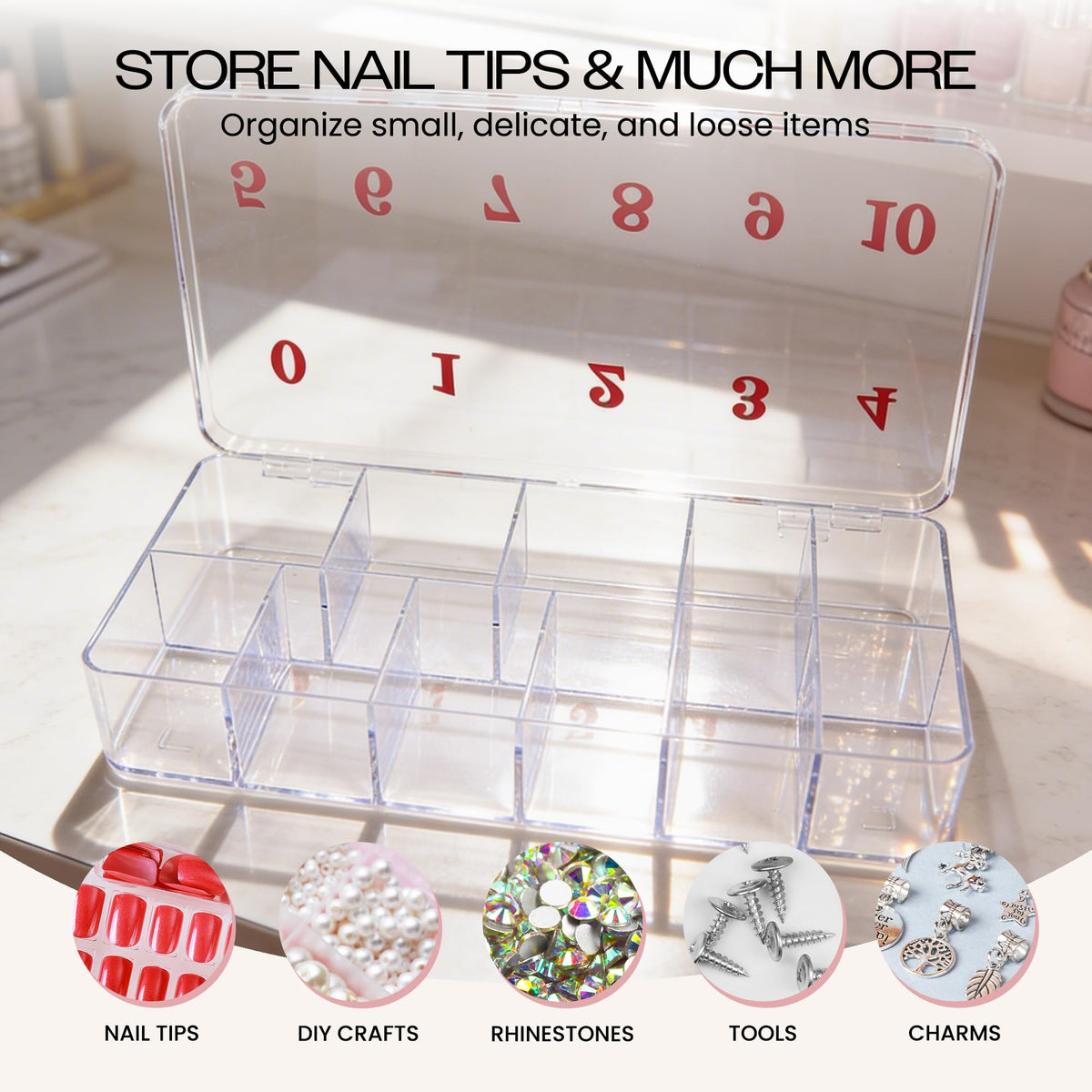 Beauticom organizer box showing red number labels 0 to 10