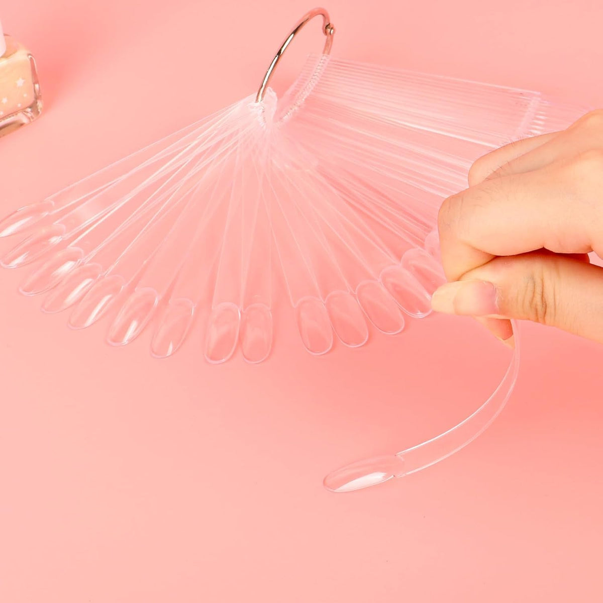 Close up of clear plastic nail swatch sticks