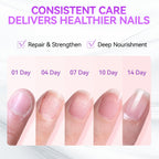 Nail care kit showing milky pink shade on nail plate