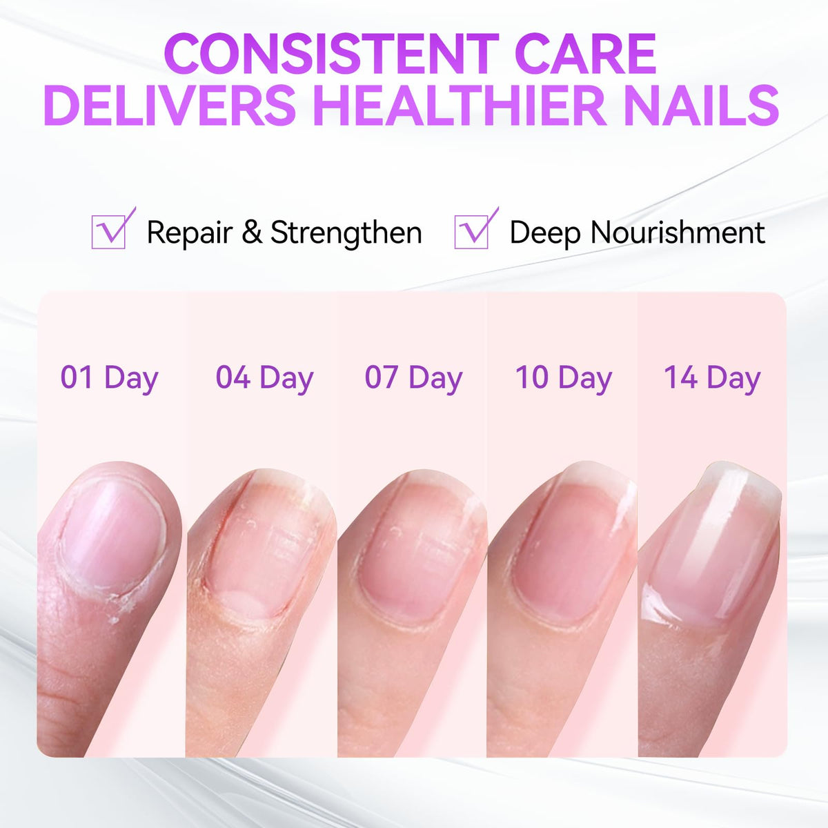 Nail care kit showing milky pink shade on nail plate