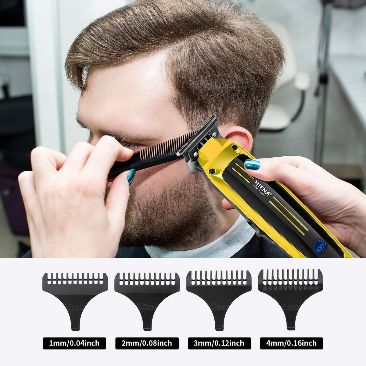 HIENA PRO electric trimmer for men showing the R shaped blunt edge safety design