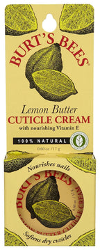 Burt's Bees natural lemon oil cuticle treatment tin open showing the rich buttery balm texture inside.