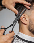 ULG barber thinning scissors displaying the comfortable finger rests and non slip teflon finish